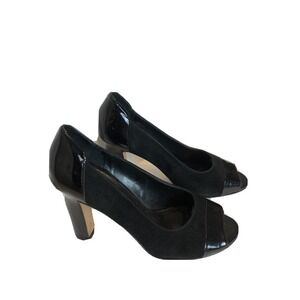 Anne Klein Black Leather Peep Toe 4" Heels Women's Size 9M